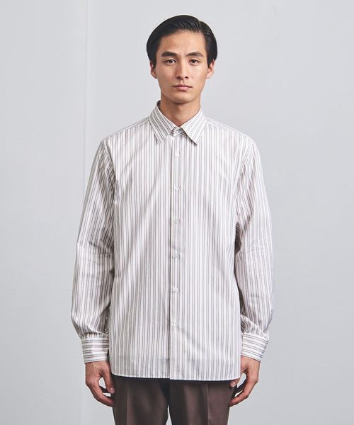 美品TOUJOURS ホワイト ストライプ シャツ　フリーサイズ　Aライン SKINNY】【スーパーノンアイロン】ボタンダウンドレスワイシャツ