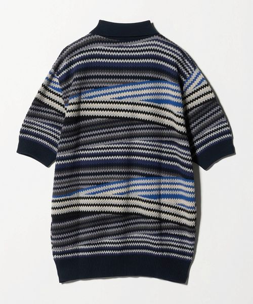 【美品】MISSONI ニット ポロシャツ 3D マルチボーダー グリーン 54 MISSONI＞ボーダーニット ポロシャツ