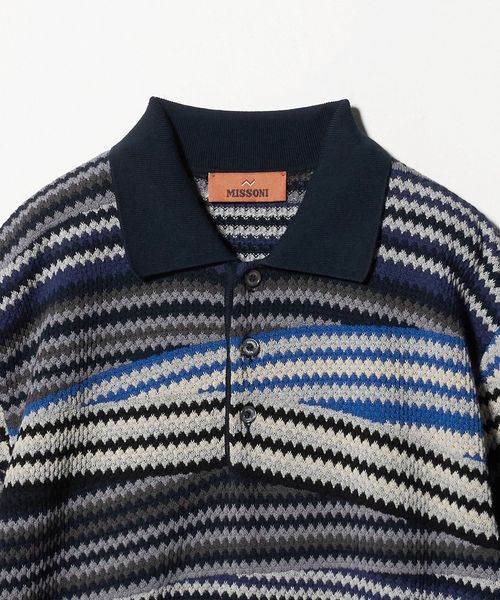 【美品】MISSONI ニット ポロシャツ 3D マルチボーダー グリーン 54 美品 MISSONI UOMO ミッソーニ オレンジタグ モヘヤ混 3D ニット