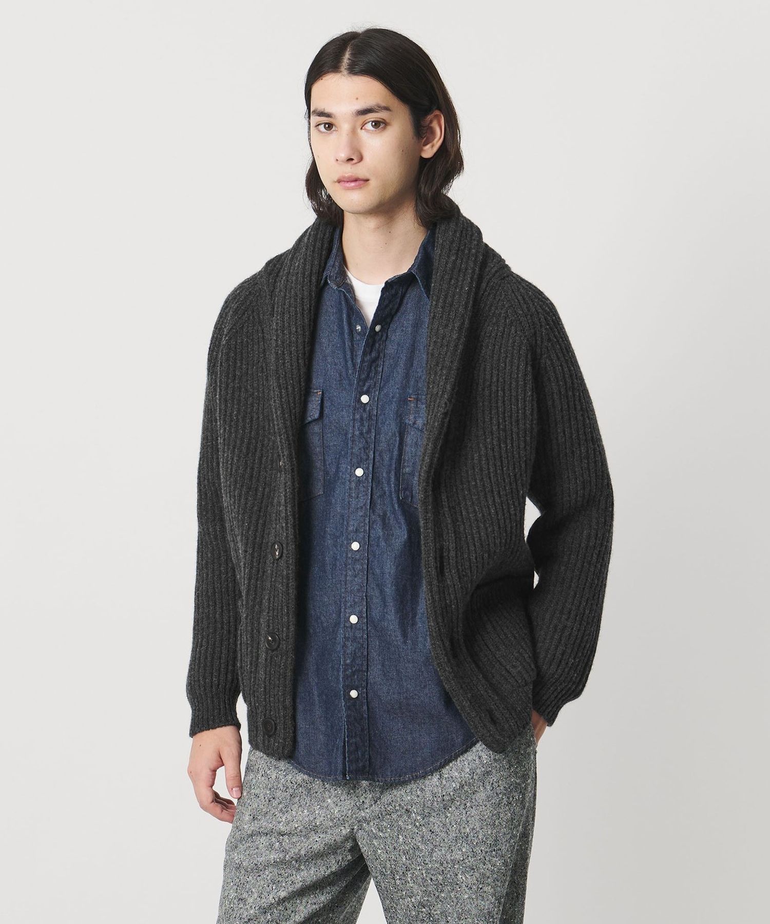 ORGUEIL オルゲイユ ウール ショールカラー ニットカーディガン 38 ORGUEIL オルゲイユ 長袖|コットンリネン|ランダムストライプ