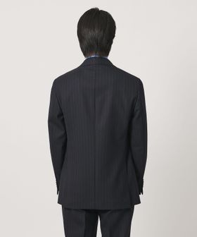 ネイビー ストライプ ダブル 6ボタン スーツ MCーMODEL ヨコストレッチ