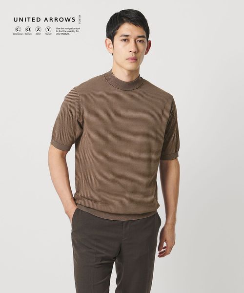 UNITED ARROWS/ショートスリーブ ボーダー モックネック ニットTシャツ UA COZY ウォッシャブル 抗菌防臭/Tシャツ / カットソー
