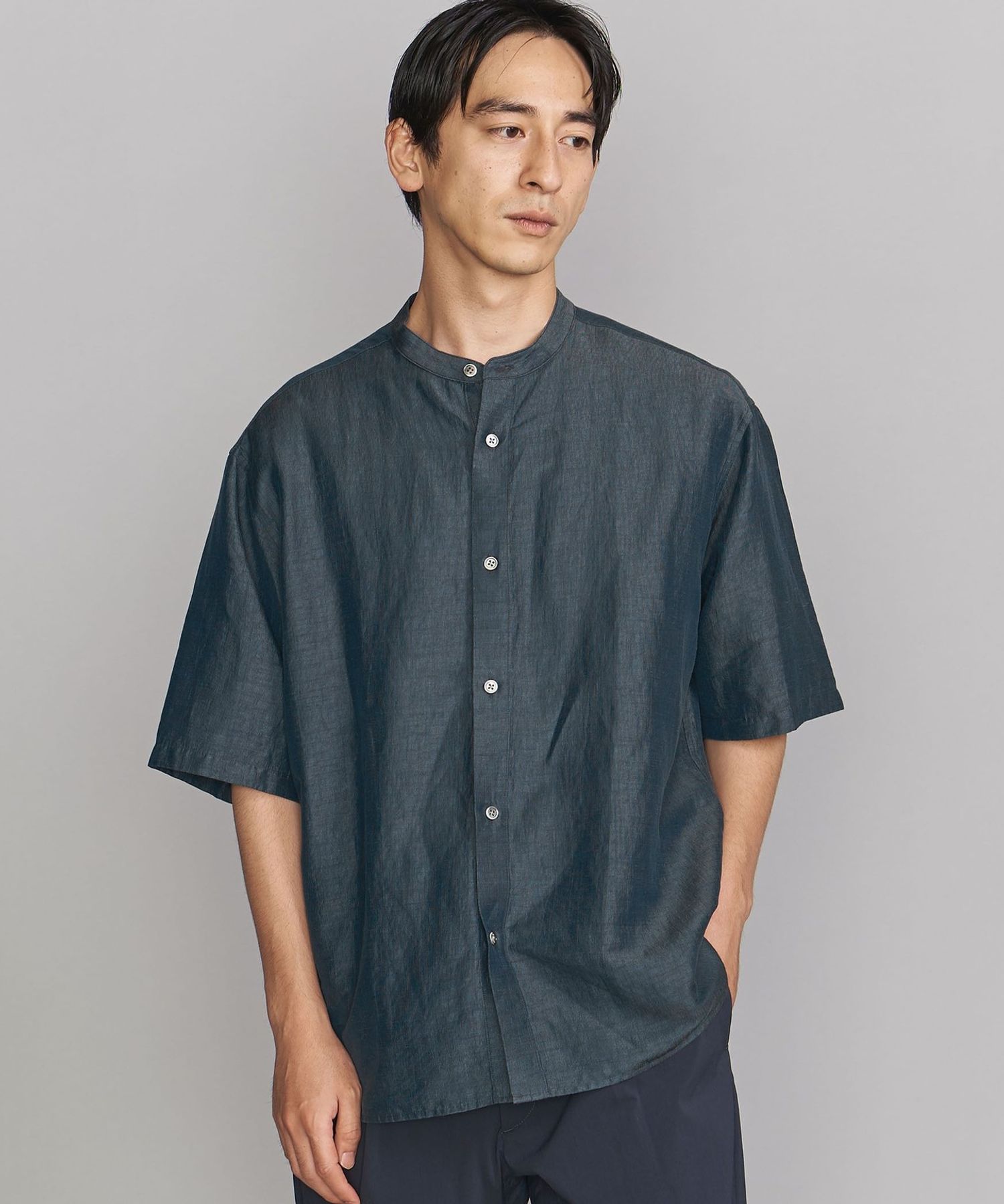 BY WRINKLE ストライプ バンドカラー ボックス シャツ