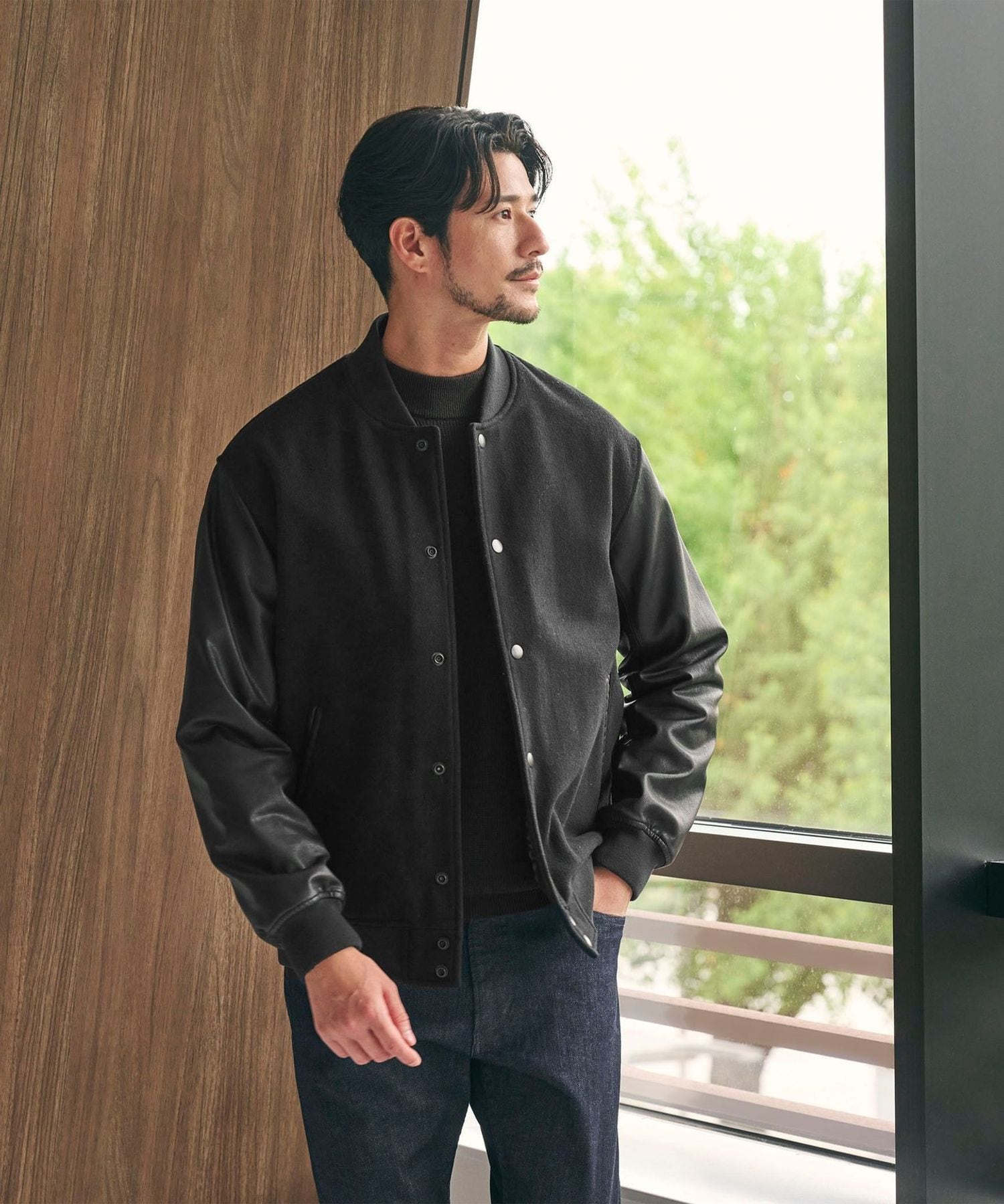極美品✨WEB限定 WARDROBE SMART メルトンレザーライクスタジャン WEB限定 WARDROBE SMART】グレーメルトン レザーライク スタジャン