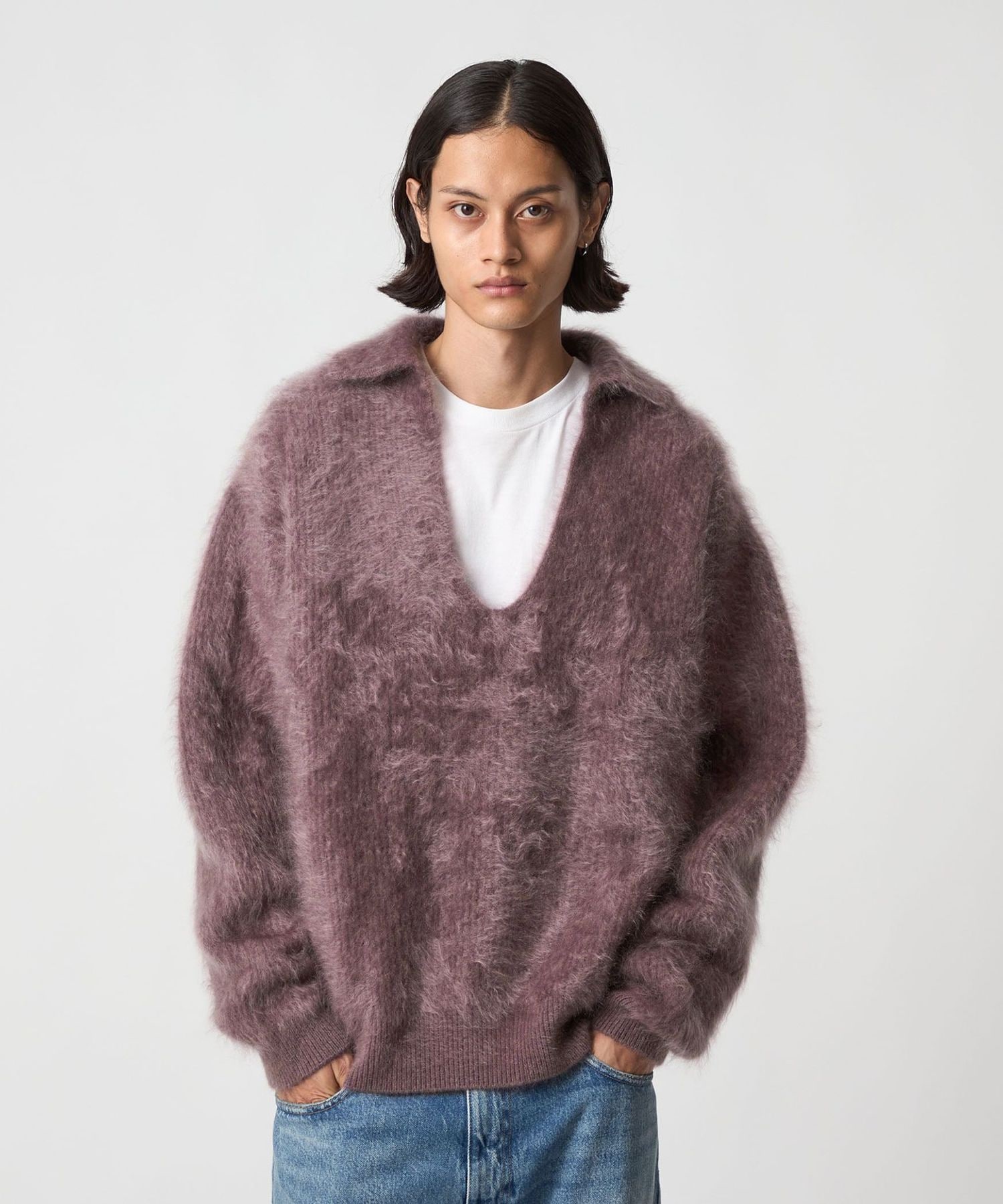 H＞カシミヤファー アゼ スキッパー ニット