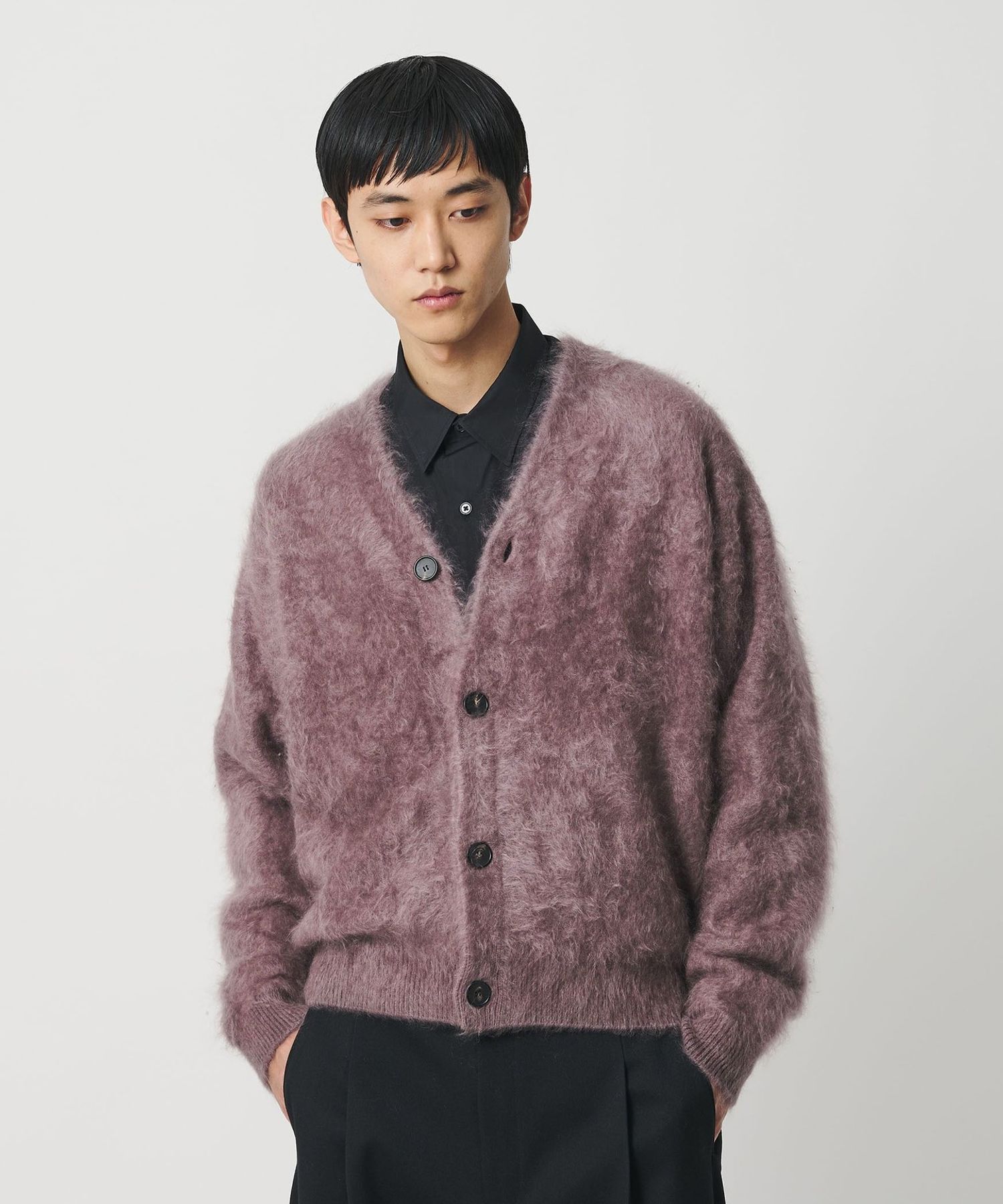 H＞カシミヤファー Vネック カーディガン