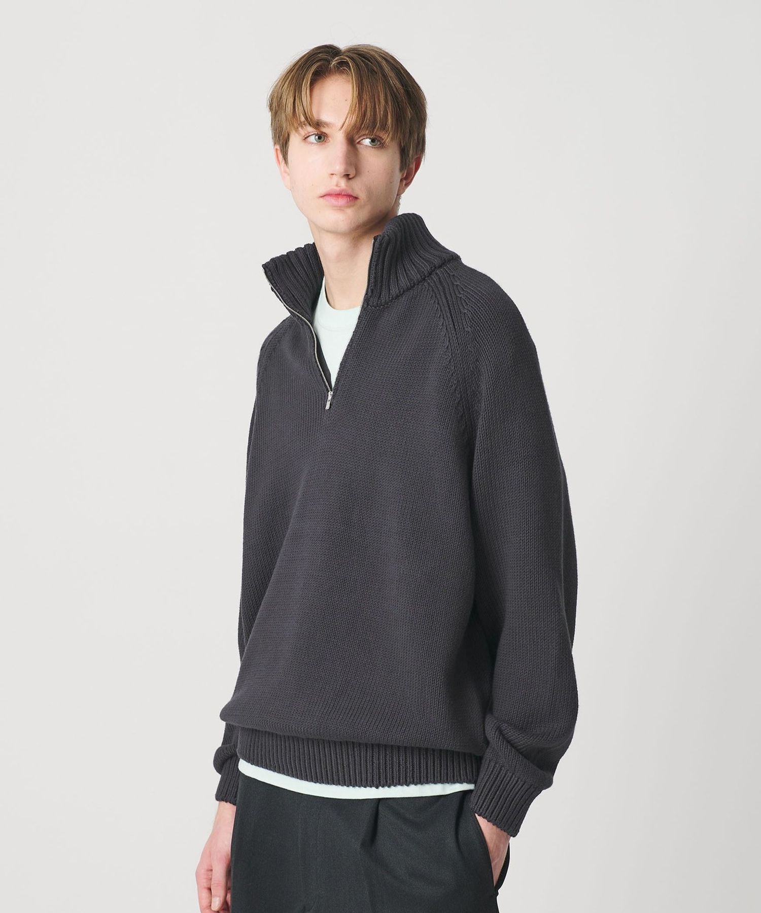 H BEAUTY&YOUTH ハーフジップ ニット サイズL 一旦4/17迄 コード ヤーン ハーフ ジップ ニット ウォッシャブル