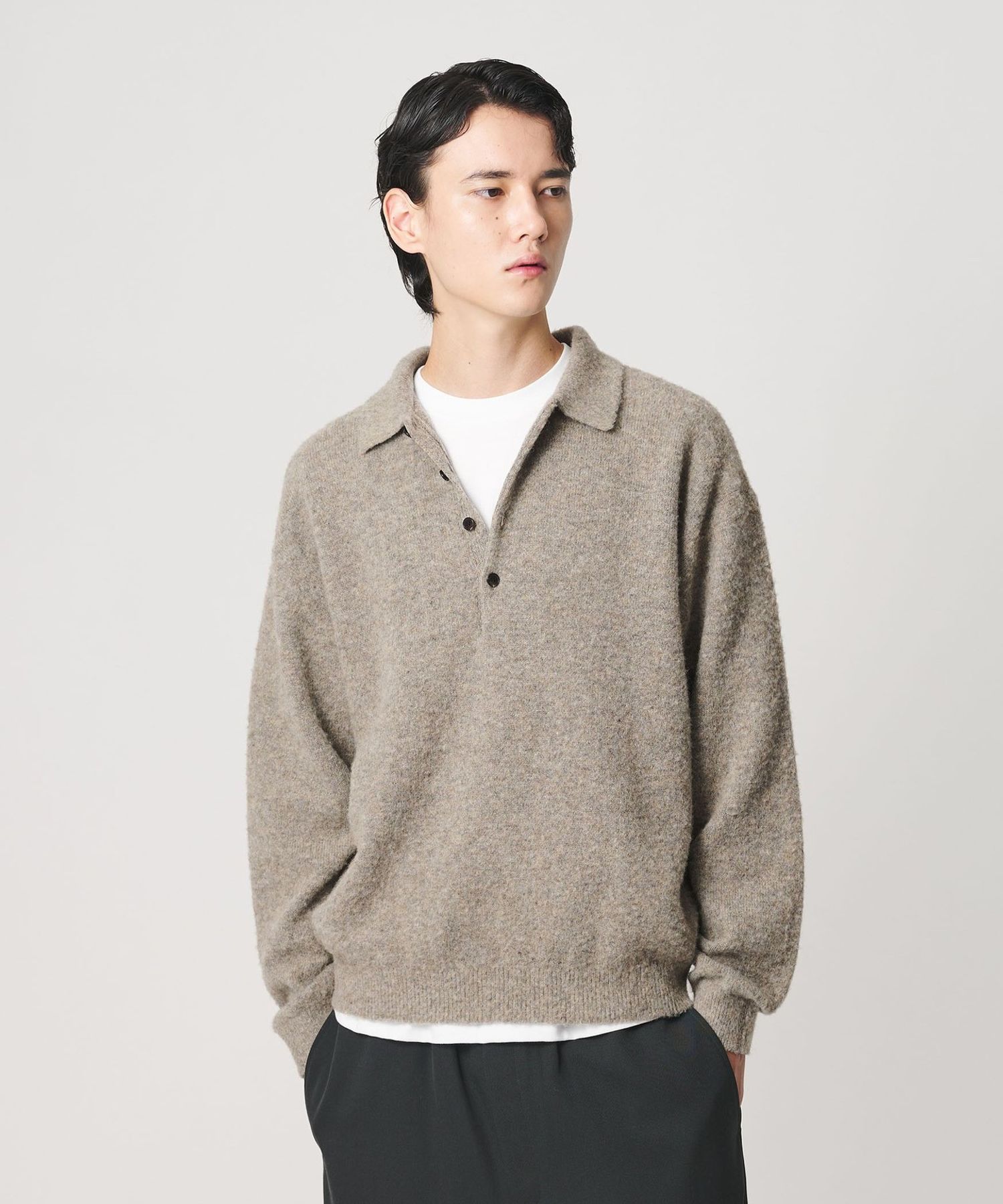 H BEAUTY&YOUTH ナッピングウール 4B ポロカラーニット ブラウン H＞ナッピングウール 4B ポロカラーニット