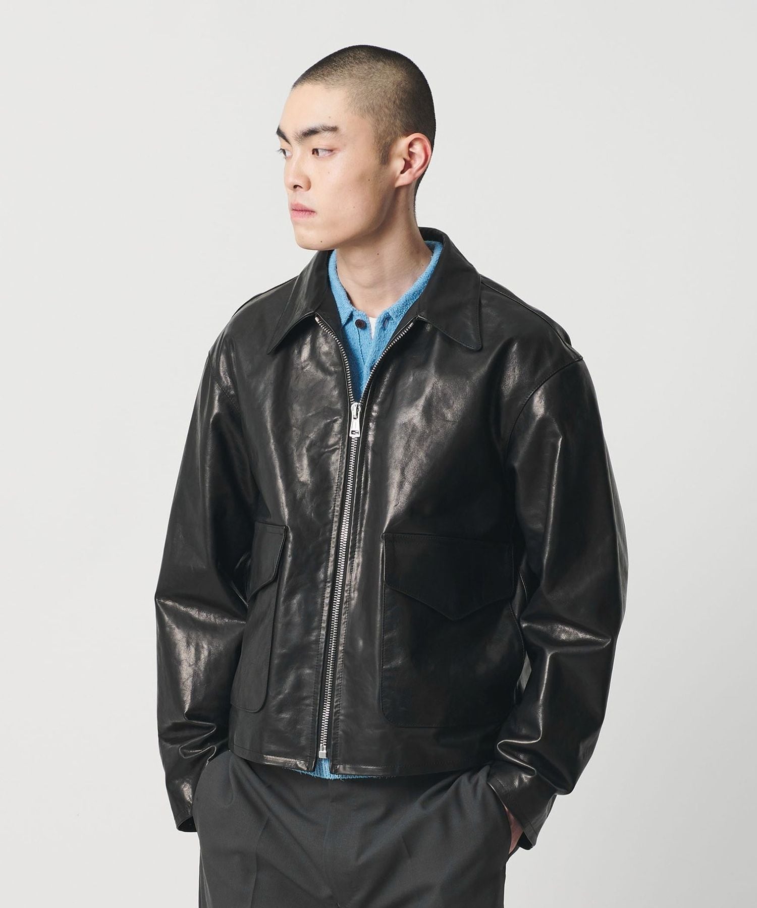 H＞カウレザー ジップ ジャケット