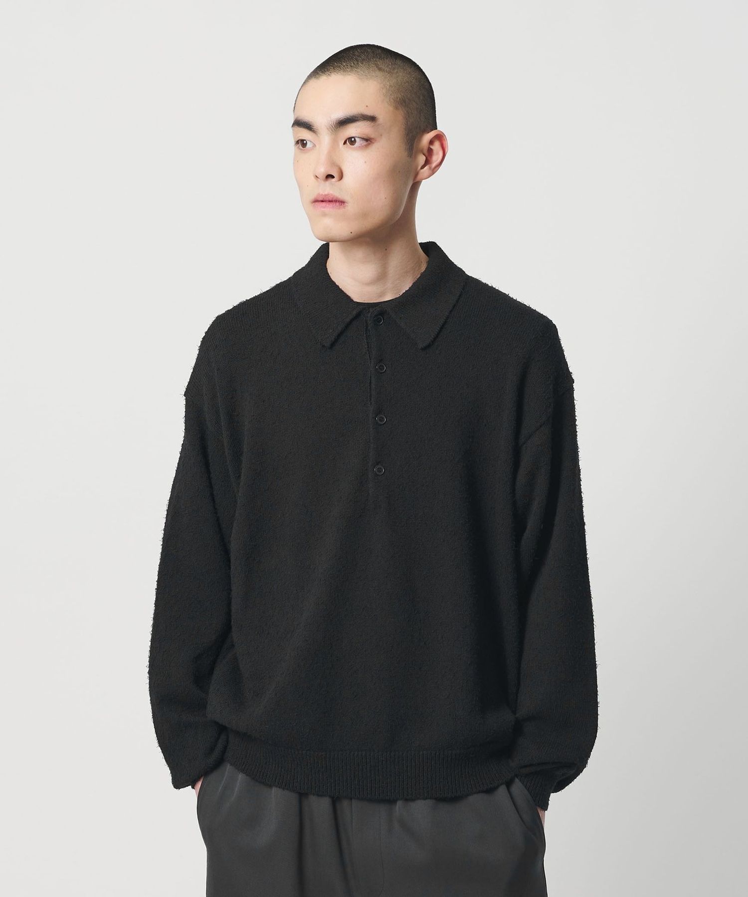 【H BEAUTY&YOUTH】 ナッピングウール 4B ポロカラーニット H＞ツイスティ コットン 4B ニットポロシャツ