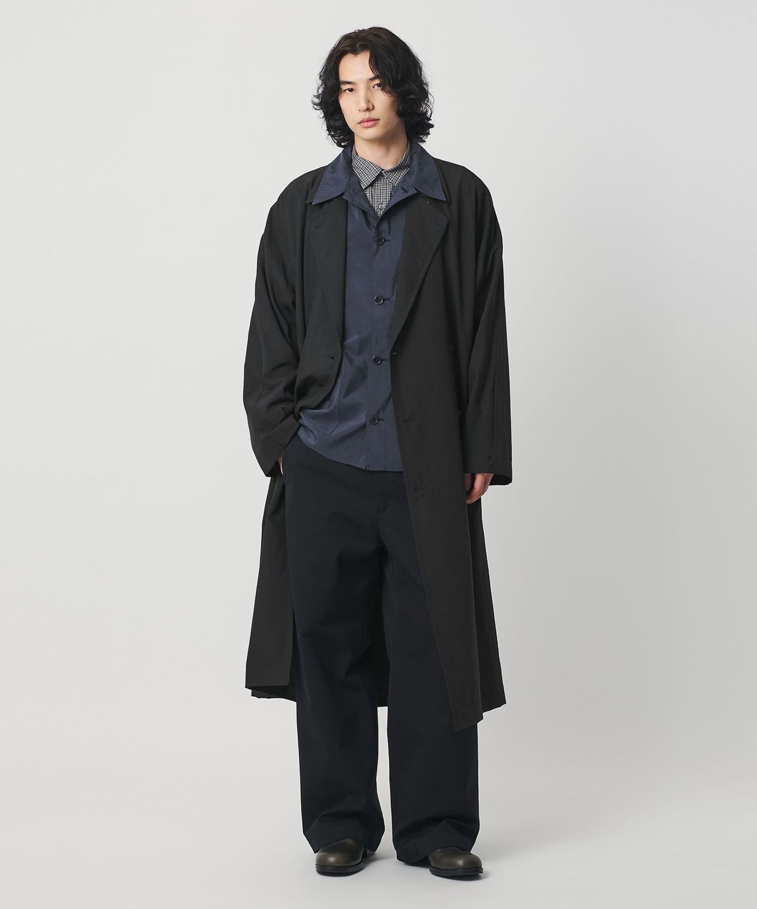 H＞ナイロンシルク ダブルブレスト チェスターコート