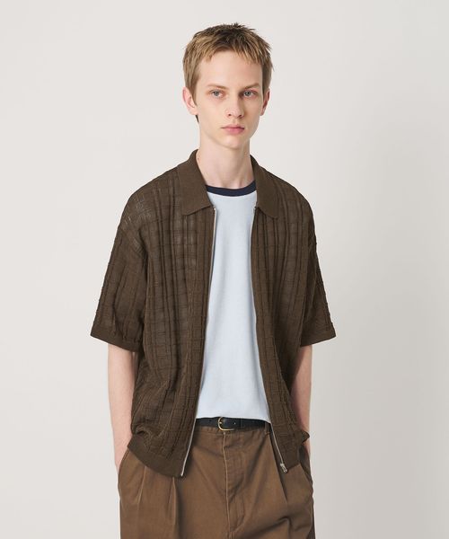 BEAUTY&YOUTH/ジャガード フルジップ ショートスリーブ ポロニット ウォッシャブル/カーディガン / ボレロ