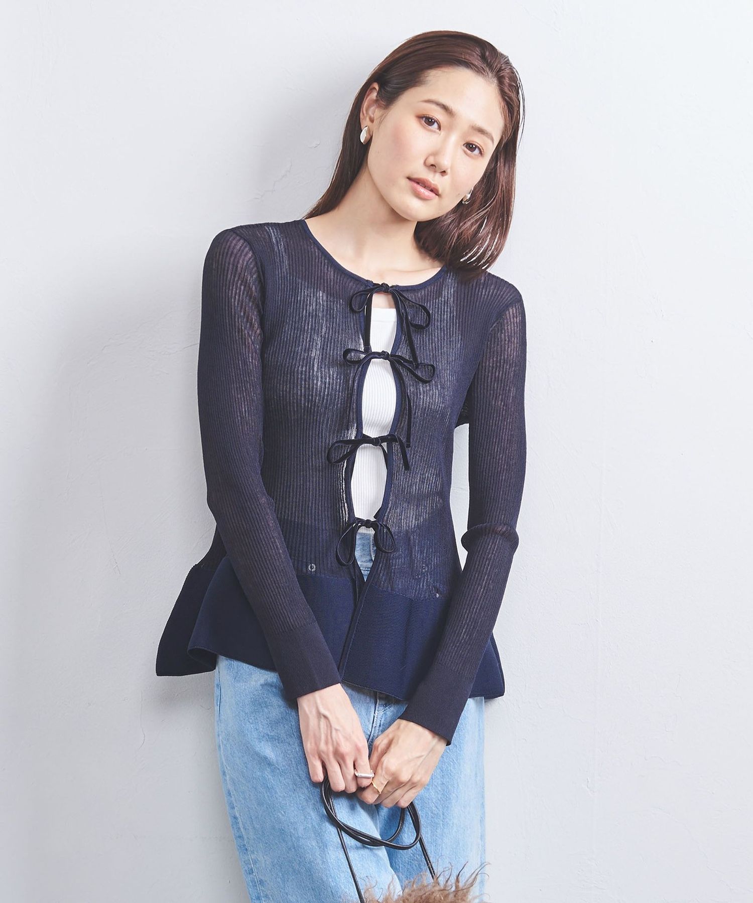 18G シアー ベルベットリボン カーディガン 