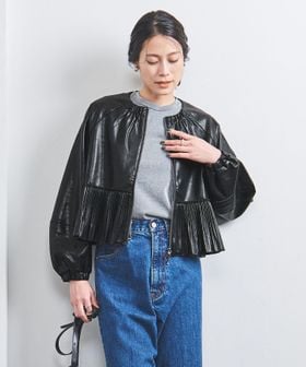 【アローズ取扱】marilyn moon　プリーツノーカラーレザーブルゾン　黒 Marilyn Moon＞ヘムプリーツ レザーライク ブルゾン