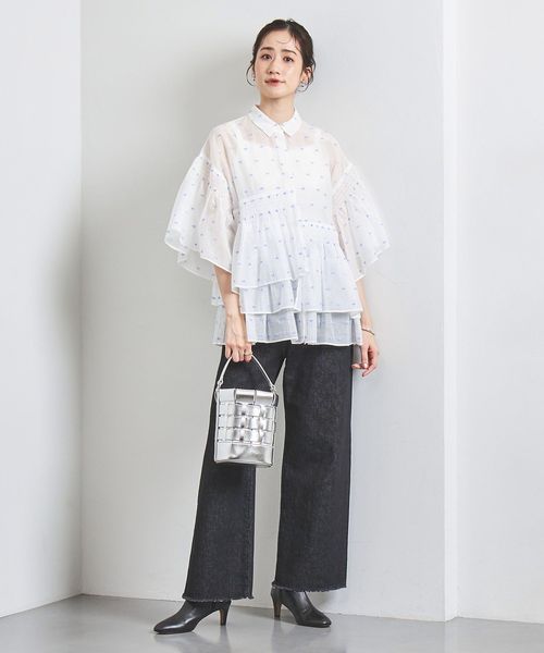 華やか★美品★ユナイテッドアローズ　イレギュラーシャーリングブラウスソリッド　M イレギュラー シャーリング 六分袖 ブラウス ソリッド