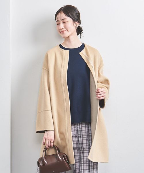近年【美品✨】ユナイテッドアローズ ノーカラー ハーフコート カシミヤ混 L カシミヤ リバー ノーカラーコート