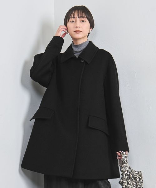 ユナイテッドアローズ　スタンドカラーコート　アンゴラ　ブラック　ベルト　サイズL スタンドカラー ミドルコート