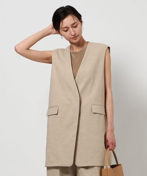 ベージュ ノースリーブロングベスト　ユナイテッドアローズ UNITED ARROWS ノーカラー ロングベスト ベージュ ロングジレ