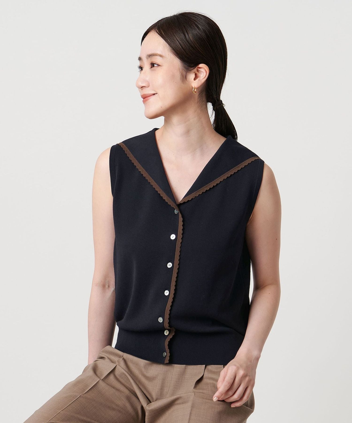 美品　UNITED ARROWS 2WAY ニット　ブラック　■　G438 スカラップ セーラー ノースリーブ ニット ‐ウォッシャブル‐