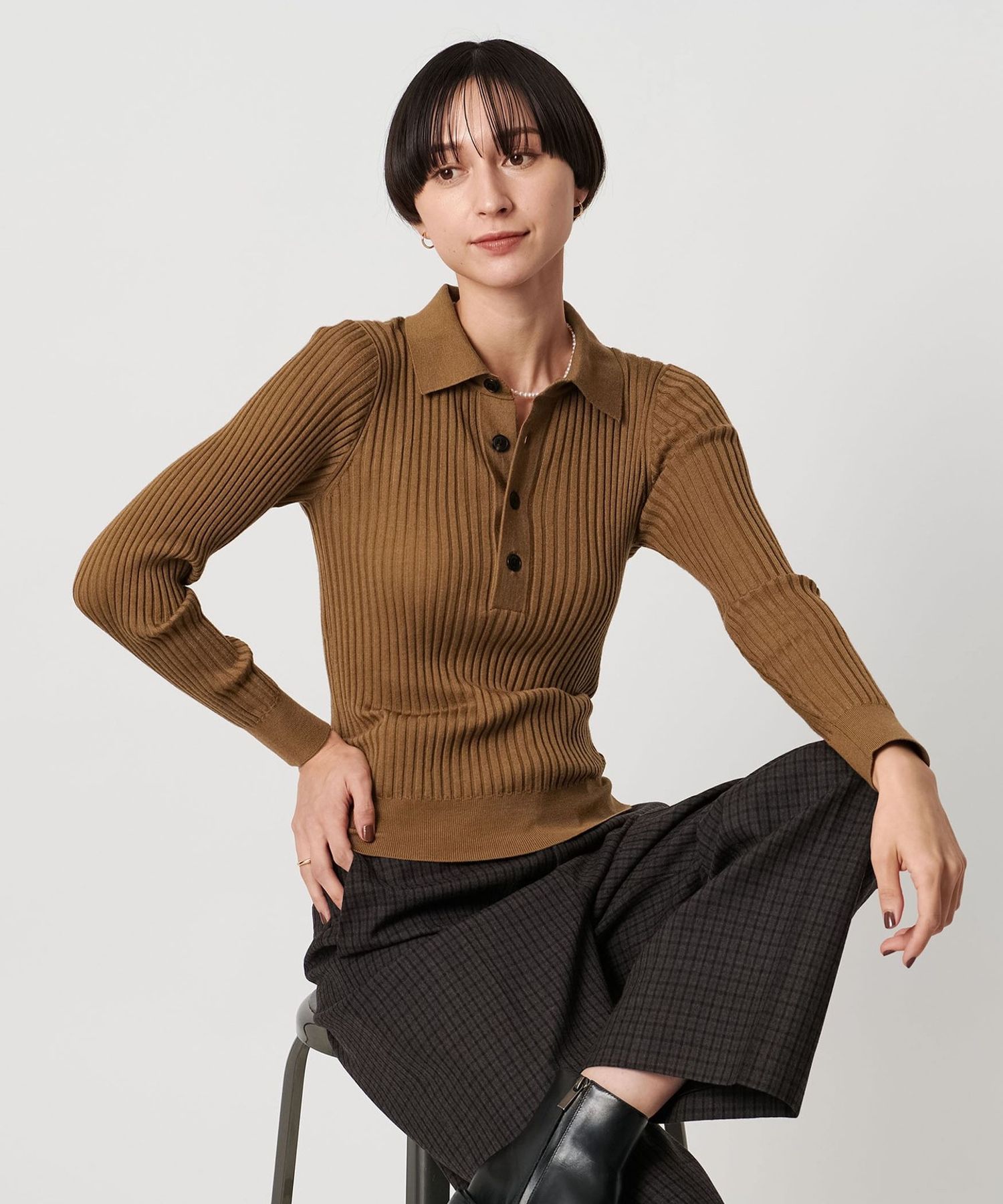 HYKE＞ロングスリーブ リブ ニット