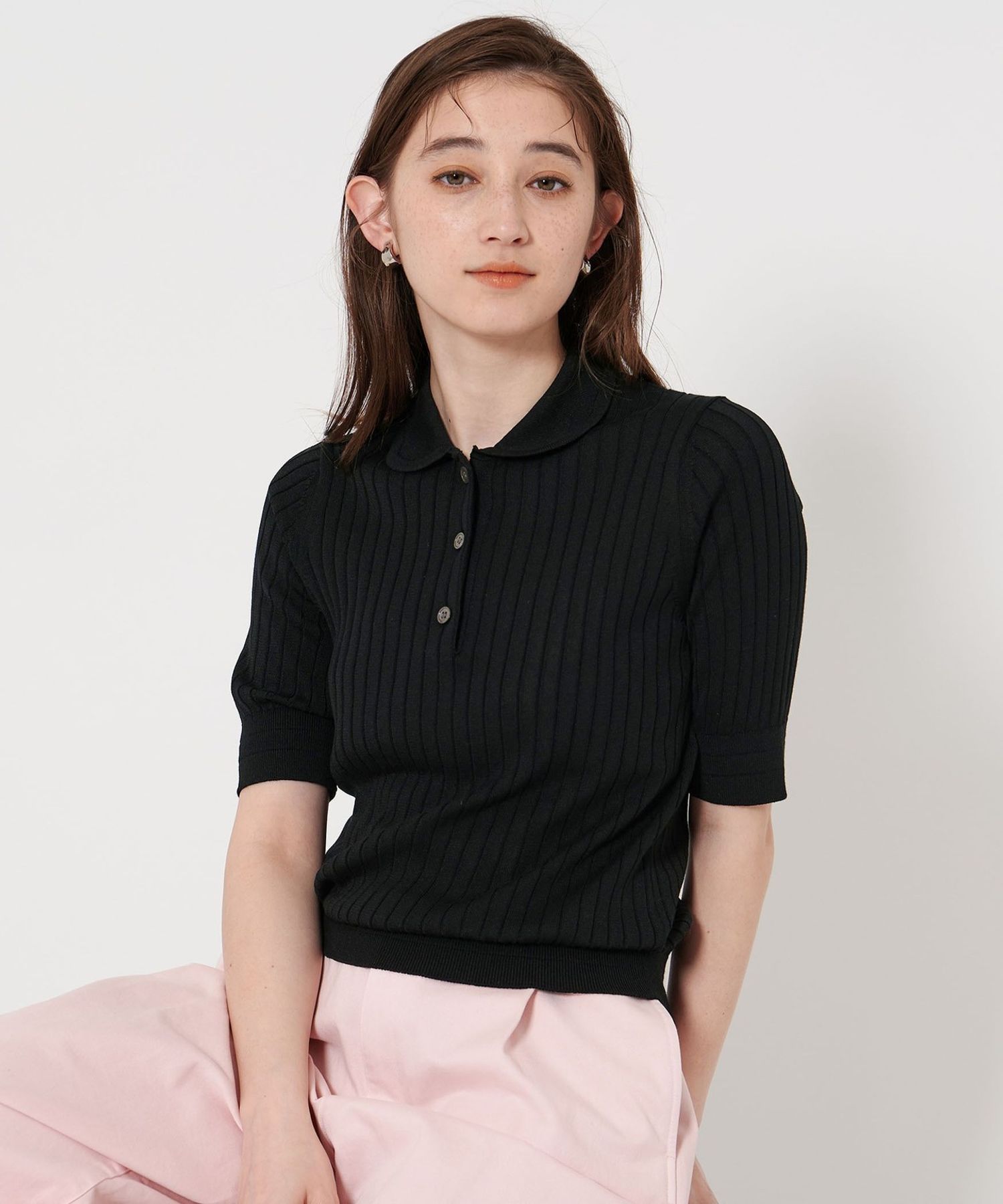 一部別注】＜SLOANE＞リブ ボタン ハーフスリーブ ニット