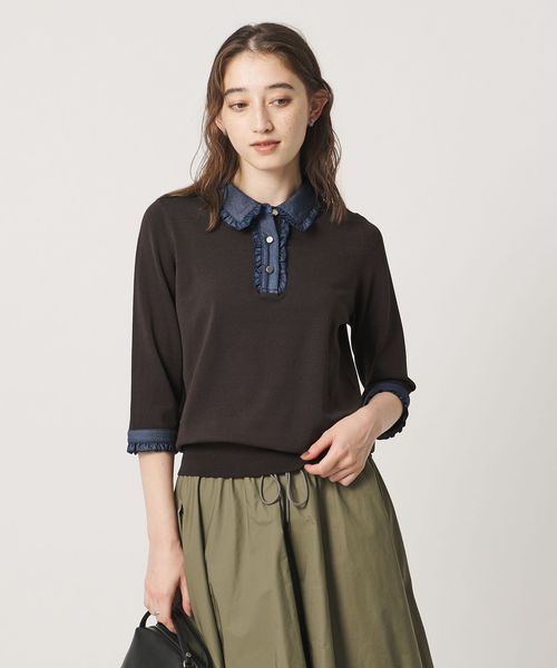UNITED ARROWS/六分袖 デニムライク ポロニット ‐ウォッシャブル‐/ニット / セーター