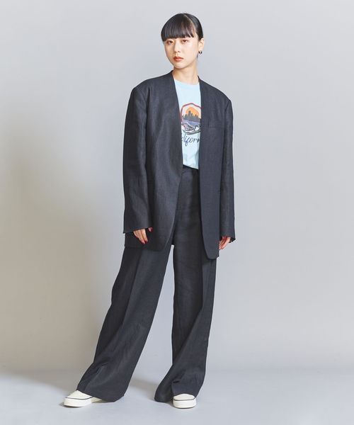 新品未使用 ユナイテッドアローズ ネイビー 紺 ノーカラージャケット 麻混紡 UNITED ARROWS LTD. OUTLET｜麻 ノーカラー ジャケット