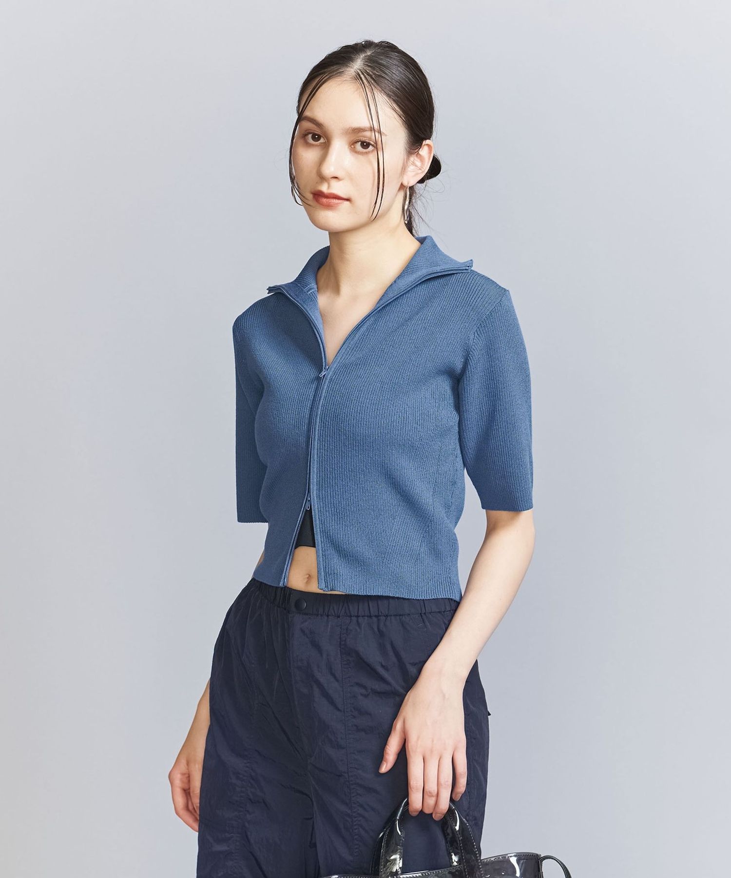 コットンブレンド リブ ジップ カーディガン 