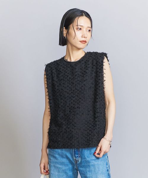 seyto 完売品 / ジャガードフリンジノースリーブトップス ブラック seyto ジャガードフリンジノースリーブトップス