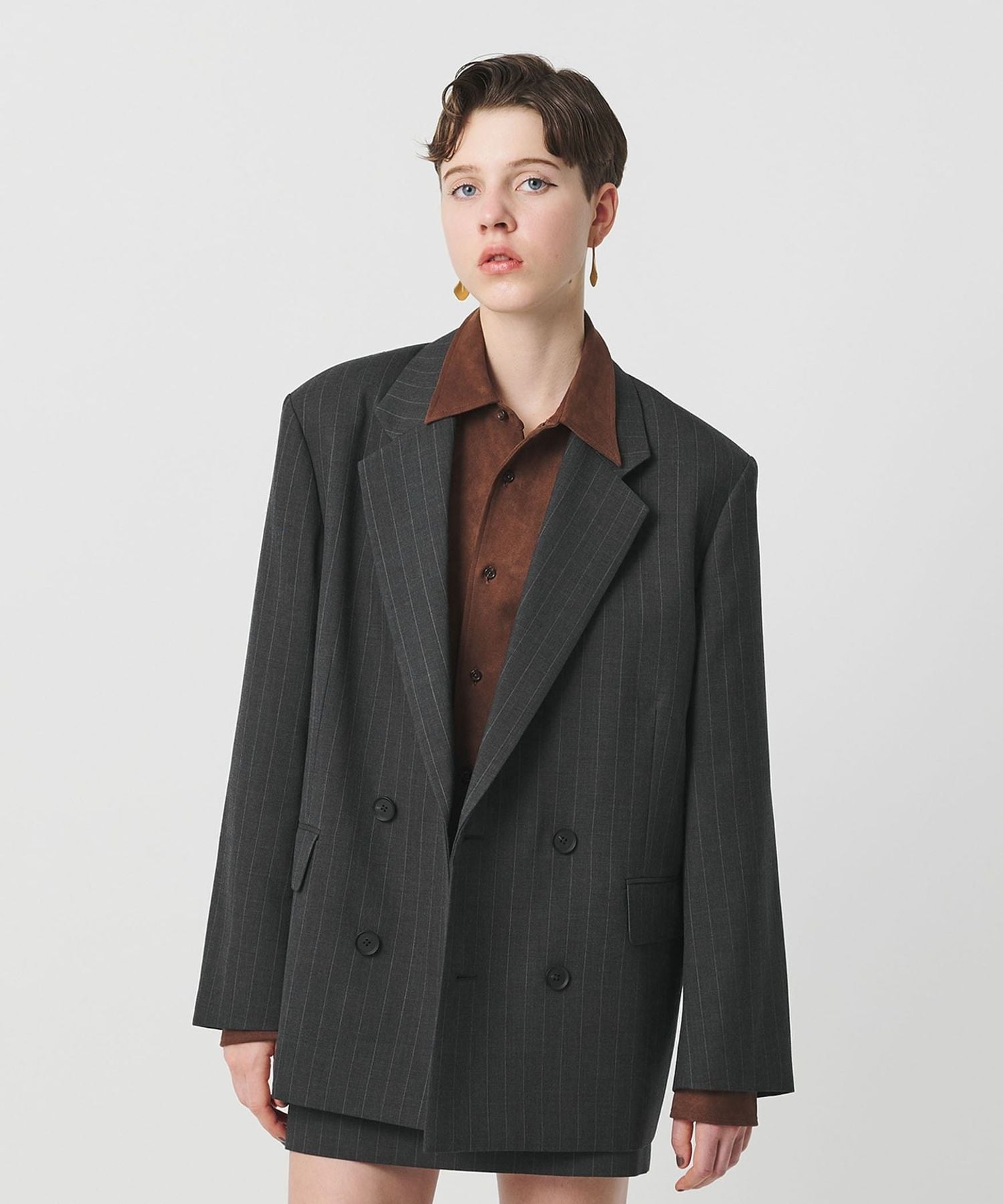 H＞ストライプ ダブルクロス ダブルブレストジャケット