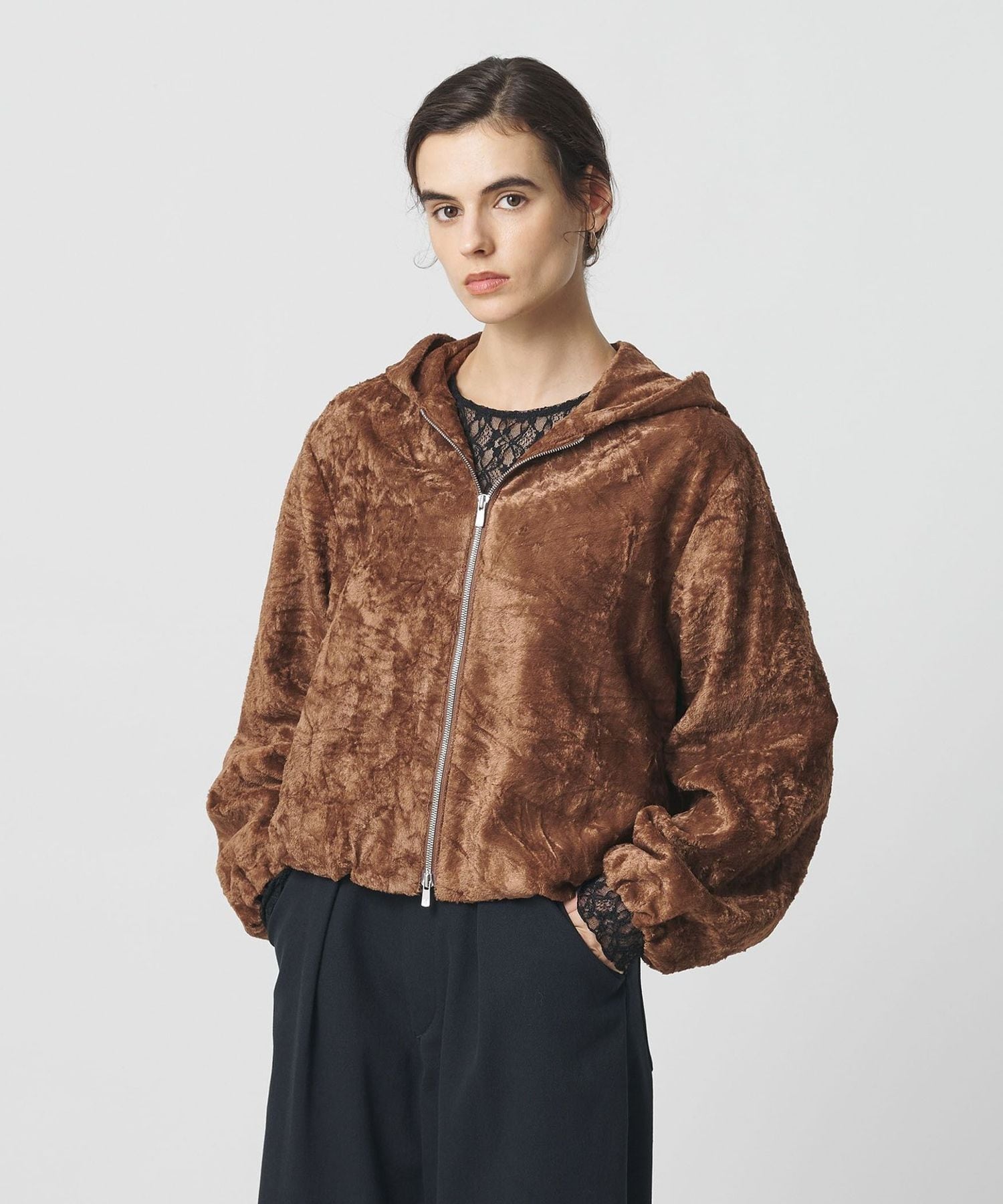 H＞レーヨンシール フード ジップブルゾン