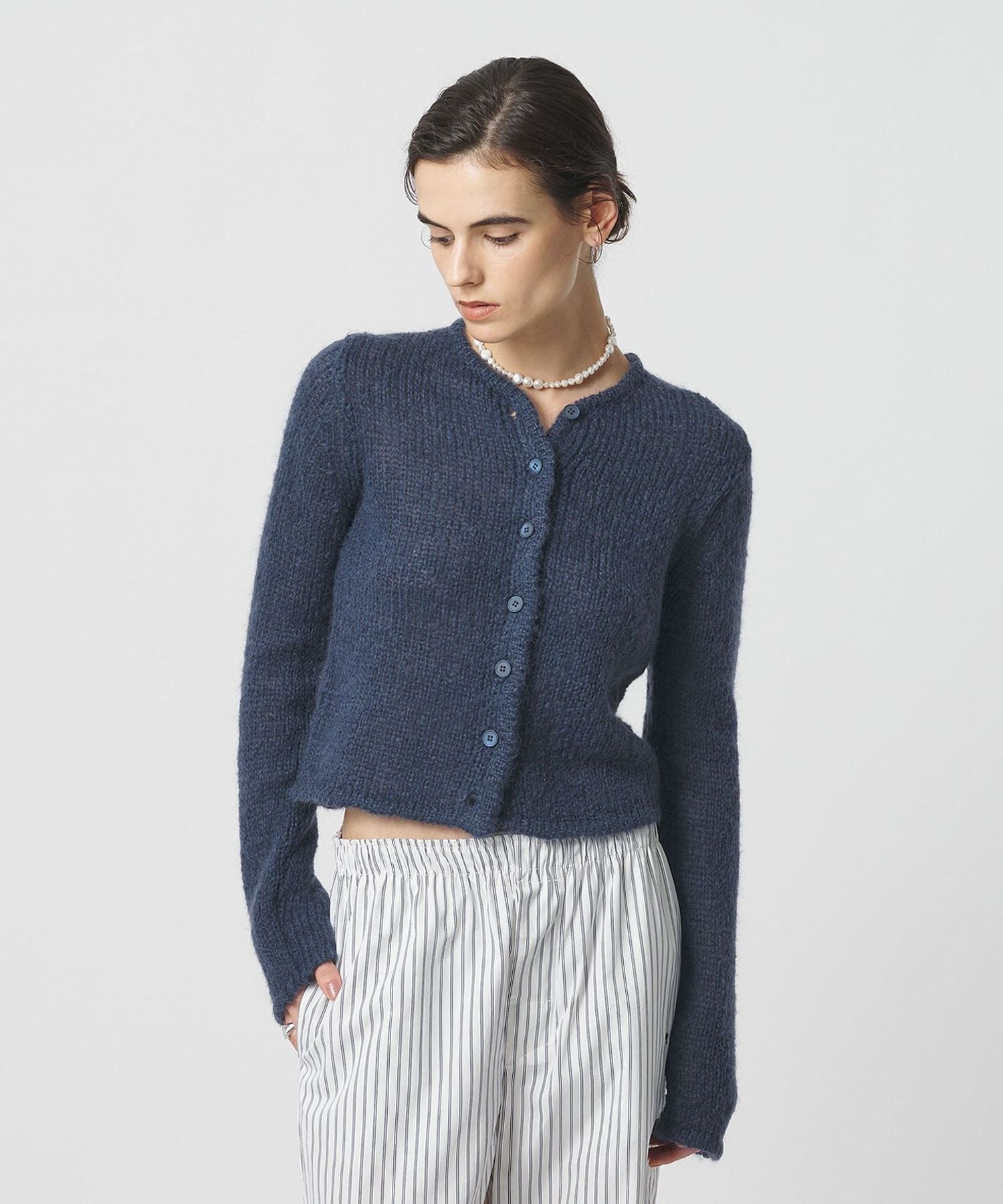 H＞ウール モヘヤ ナイロン ショートカーディガン