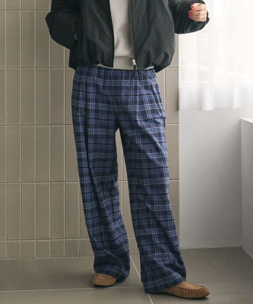 BEAUTY&YOUTH/コットンフランネルチェック バックゴムワイドパンツ/イージーパンツ