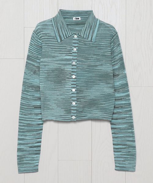 カーディガン 「H」コットンカシミヤ カスリ ポロカラーカーディガン レディース H＞コットンカシミヤ カスリ ポロカラーカーディガン