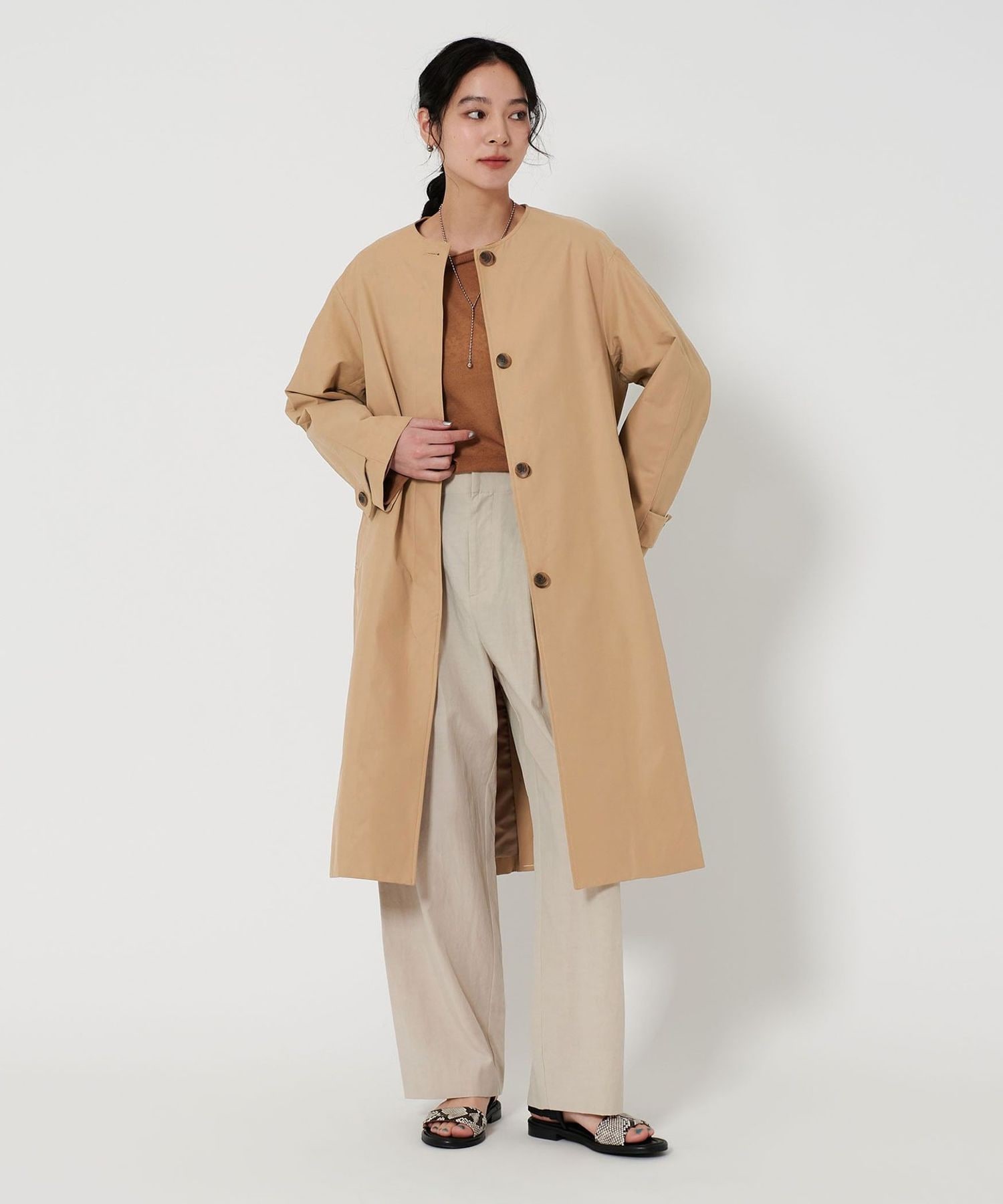 美品 ユナイテッドアローズ トレンチコート ノーカラー ベージュ M相当 コットンナイロン ノーカラー コート
