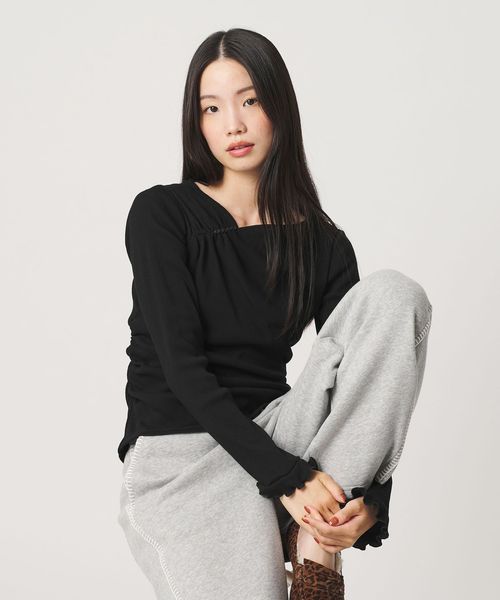 BEAUTY&YOUTH/コットン リブ ボタン ギャザー プルオーバー/Tシャツ / カットソー