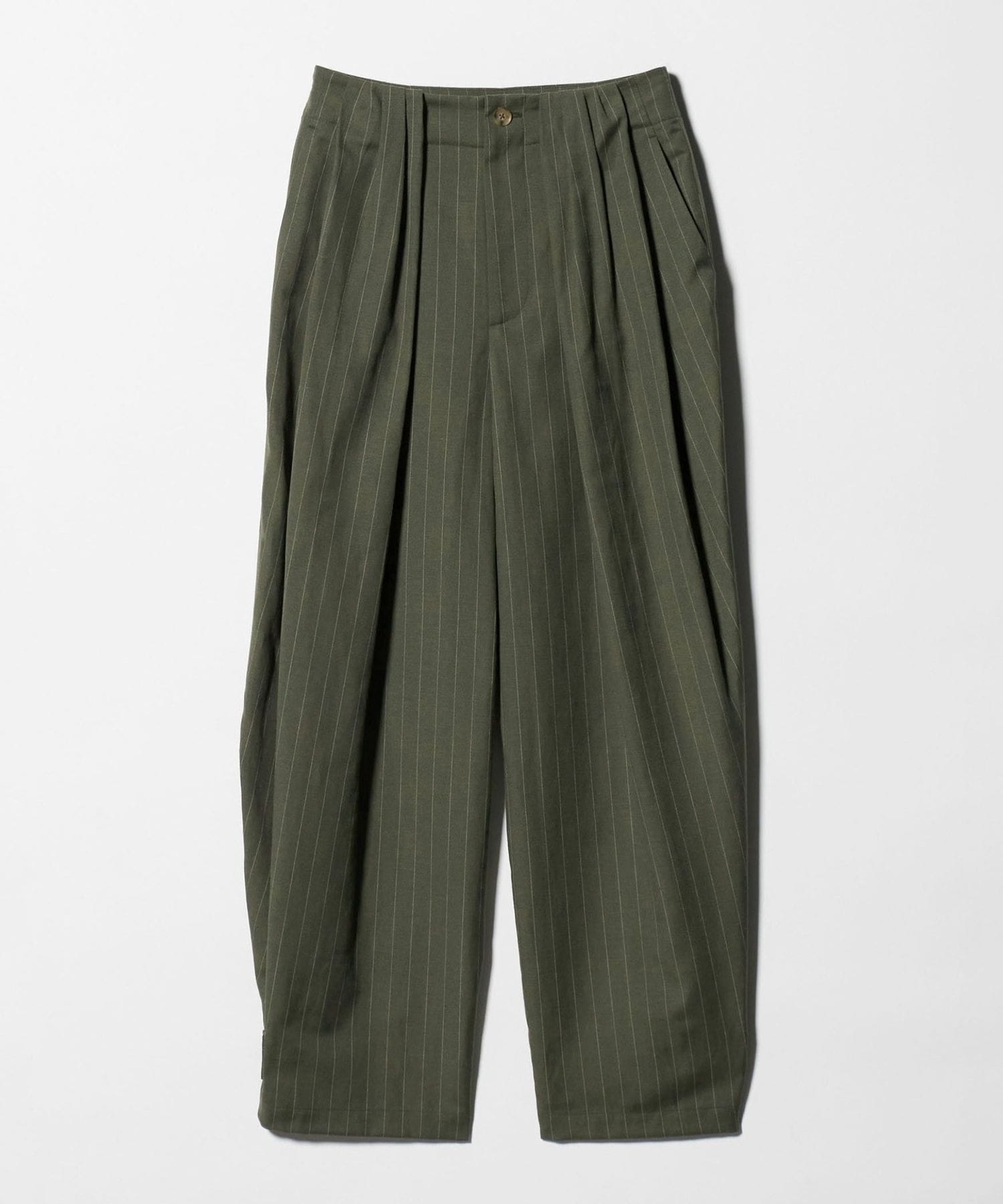 TANGENT オリーブグリーン ダブルボタンスラックス 麻ブレンド ストライプ タブ タックパンツ
