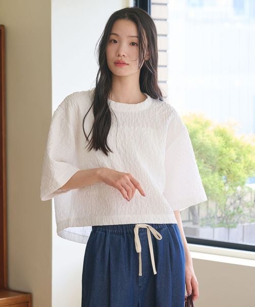 BEAUTY&YOUTH/ジャガード クルーネック 6分袖 プルオーバー/Tシャツ / カットソー