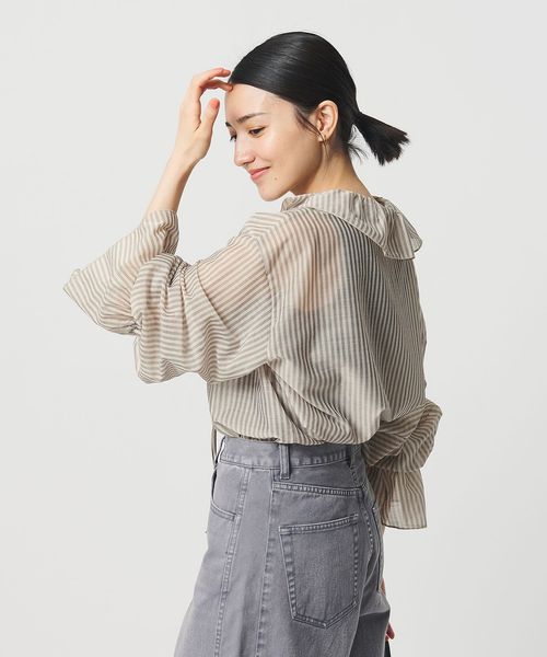 BEAUTY&YOUTH/ストライプ ラッフル スキッパーブラウス ウォッシャブル/シャツ / ブラウス
