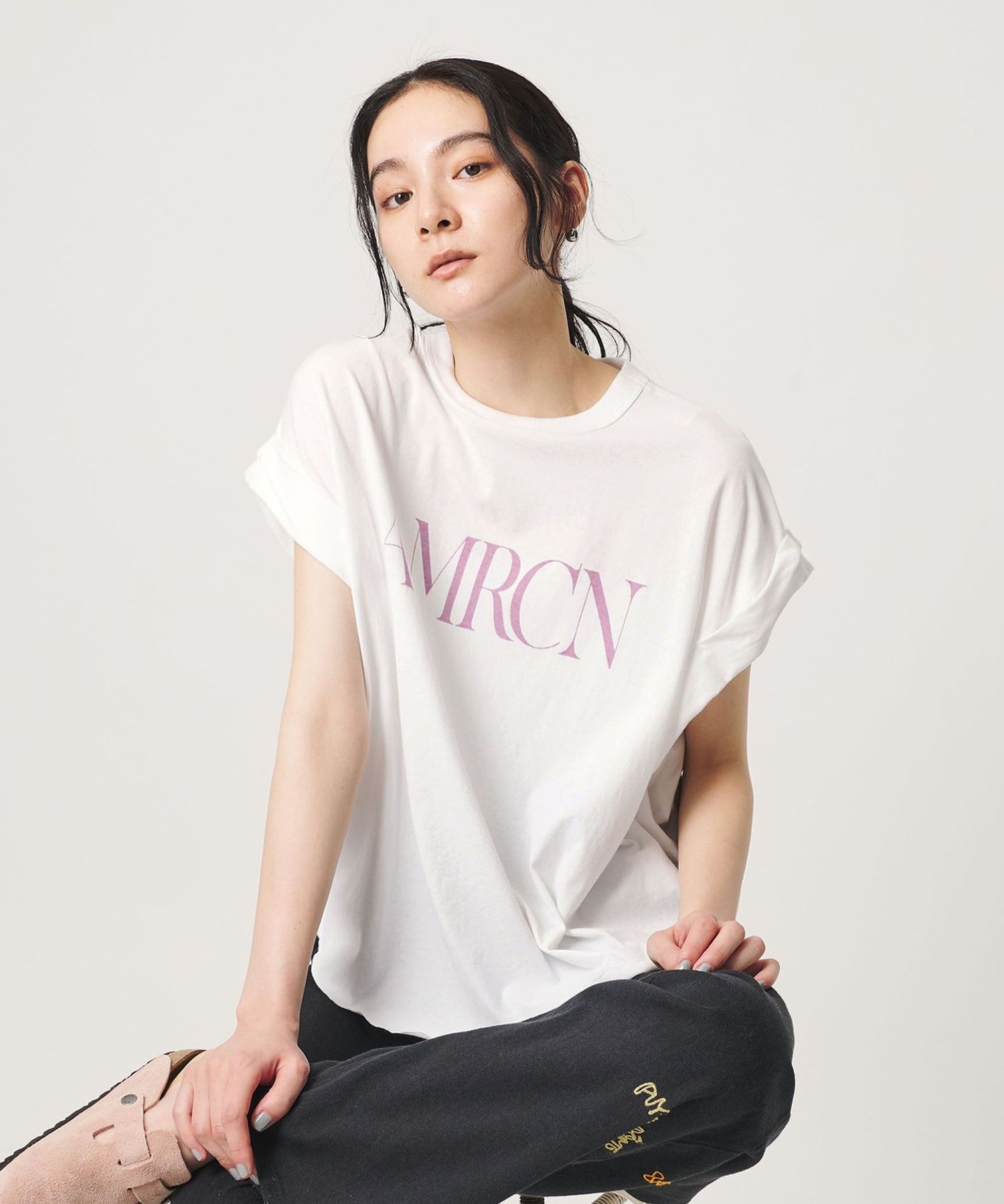 Americana / アメリカーナ | Back Print N/S Pocket T ロールアップTシャツ | F | ホワイト | レディース AMERICANA（アメリカーナ） | Back Print N/S Pocket T ロールアップT