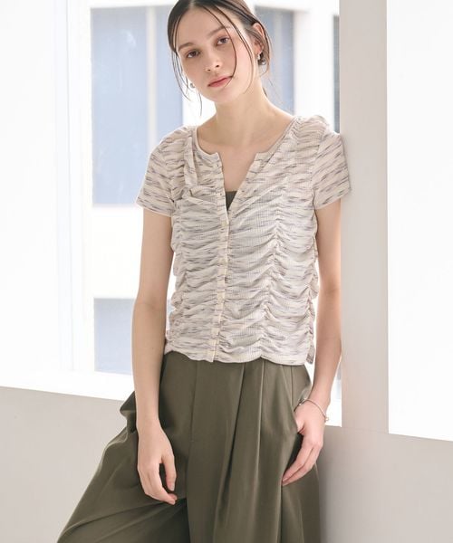 BEAUTY&YOUTH/【WEB限定】カスリボーダー シャーリングトップス 2WAY/Tシャツ / カットソー