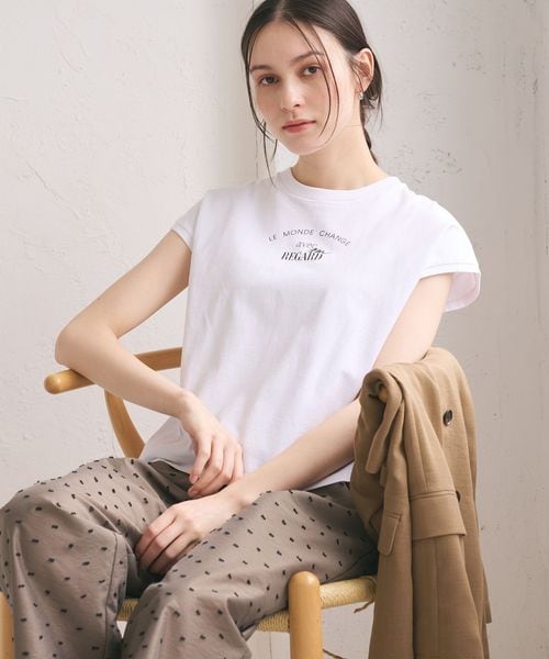 BEAUTY&YOUTH/コットン ロゴプリント フレンチスリーブ Tシャツ/Tシャツ / カットソー