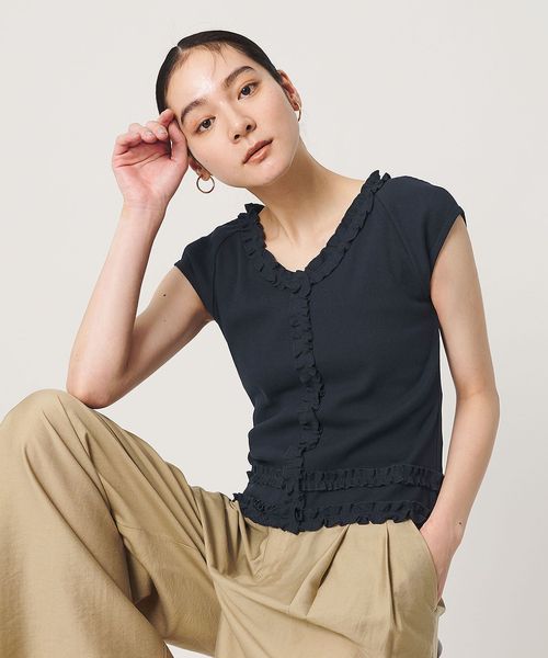 BEAUTY&YOUTH/コットン リブ フリル キャップスリーブ カットソー/Tシャツ / カットソー