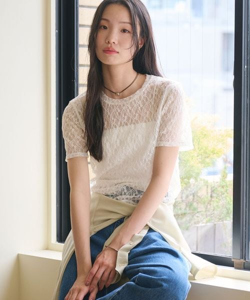 BEAUTY&YOUTH/フラワーレース ショートスリーブ プルオーバー/Tシャツ / カットソー