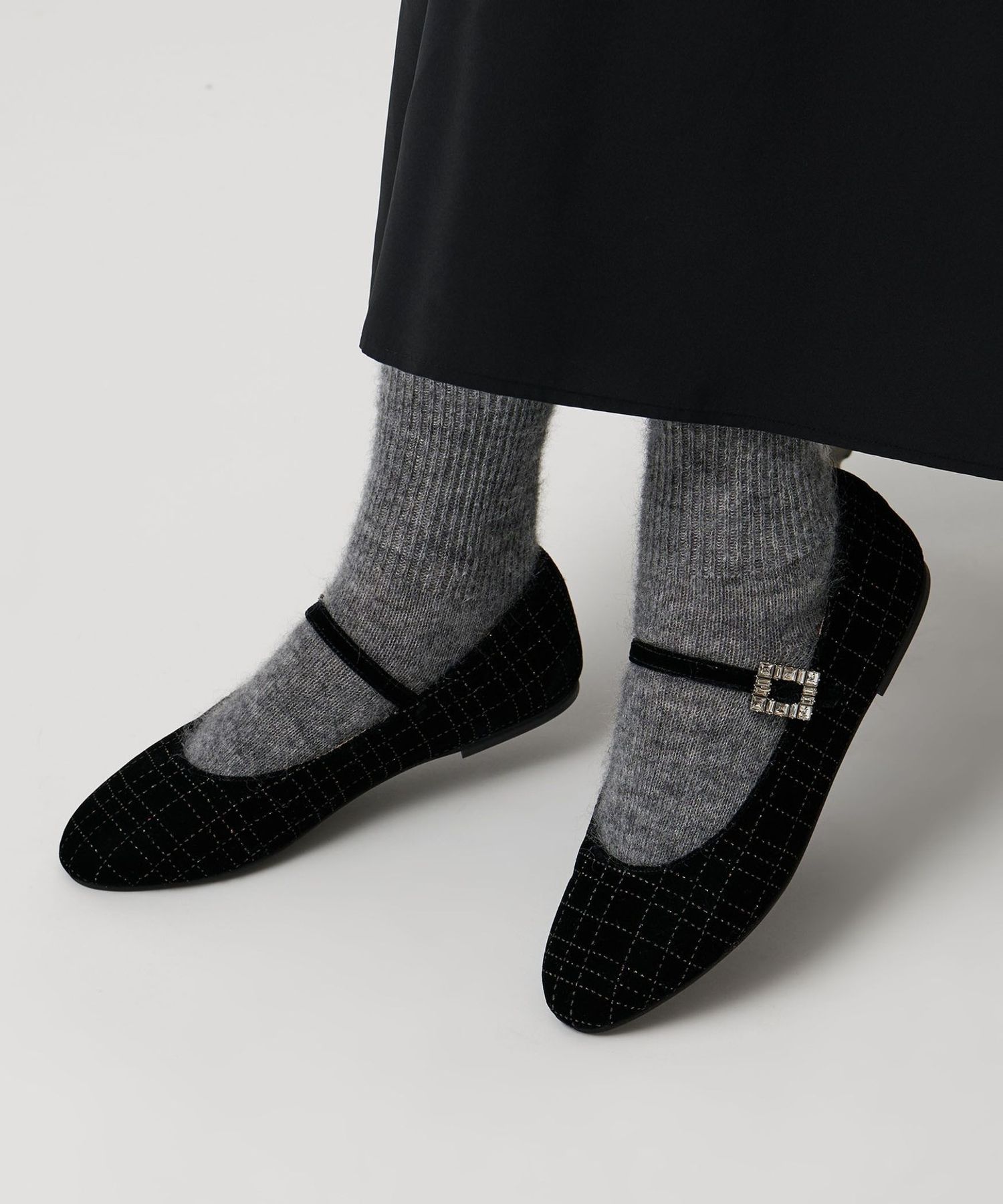 UNITEDARROWSベルベットビジューメリージェーンバレエシューズ黒23.5 グリッター ベルベット メリージェーン シューズ