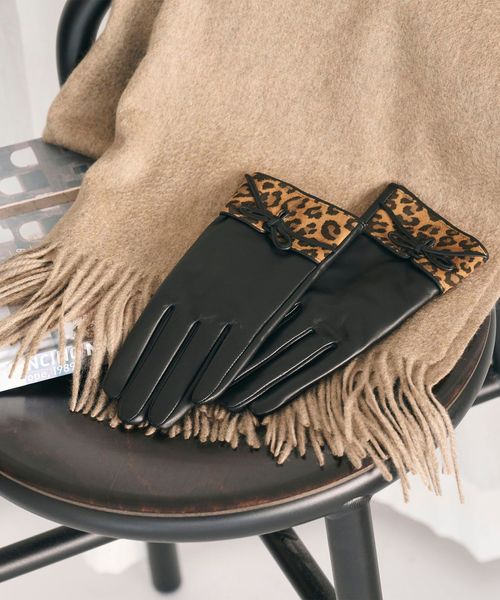 BEAUTY&YOUTH/レザー×レオパードスエード コンビ リボン グローブ/グローブ / 手袋