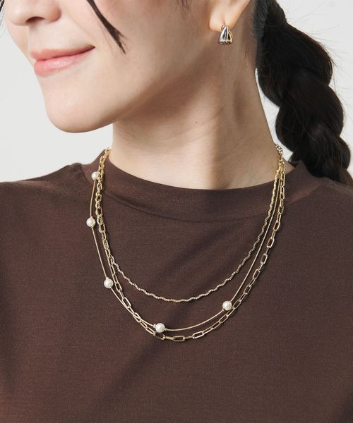 BEAUTY&YOUTH/パールモチーフ×ミックスチェーン 3連 ネックレス/ネックレス