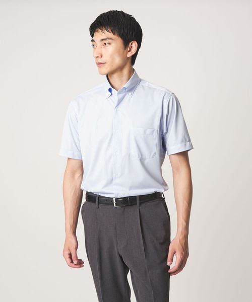 green label relaxing/A＋ COOL Pトリコット シャドーストライプ スタンダード ボタンダウン 半袖 ドレスシャツ ―ストレッチ・イージーアイロン・接触冷感・吸水速乾―/シャツ / ブラウス