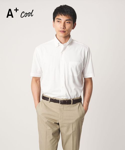 green label relaxing/A＋ COOL Pトリコット シャドーストライプ スタンダード ボタンダウン 半袖 ドレスシャツ ―ストレッチ・イージーアイロン・接触冷感・吸水速乾―/シャツ / ブラウス