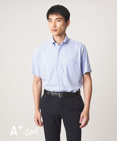 green label relaxing/A＋ COOL Pトリコット ナローストライプ スタンダード ボタンダウン 半袖 ドレスシャツ ―ストレッチ・イージーアイロン・接触冷感・吸水速乾―/シャツ / ブラウス